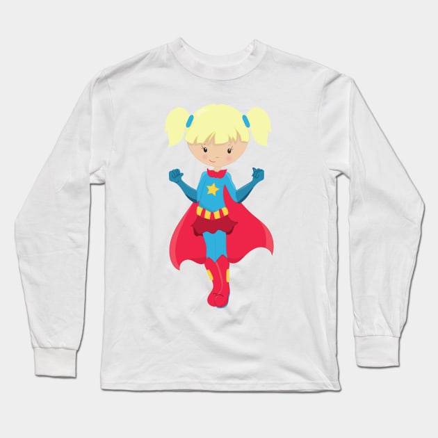Superhero Girl, Cute Girl, Blonde Hair, Red Cape Long Sleeve T-Shirt by Jelena Dunčević